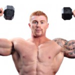 bodybuilder with dumbells and muscles